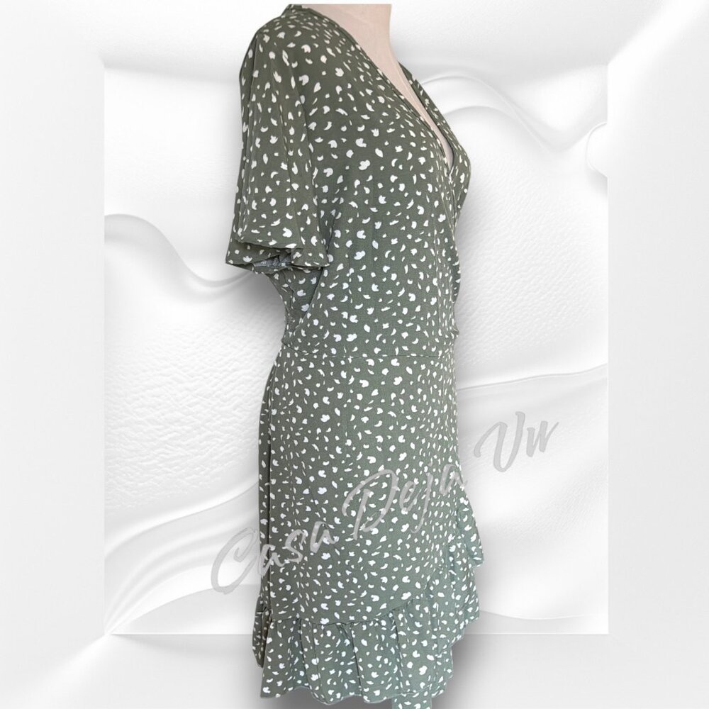 Ready for Spring Light Airy V Neck Wrap Midi Patterned Sage Ruffle Drop Dress - Picture 7 of 13